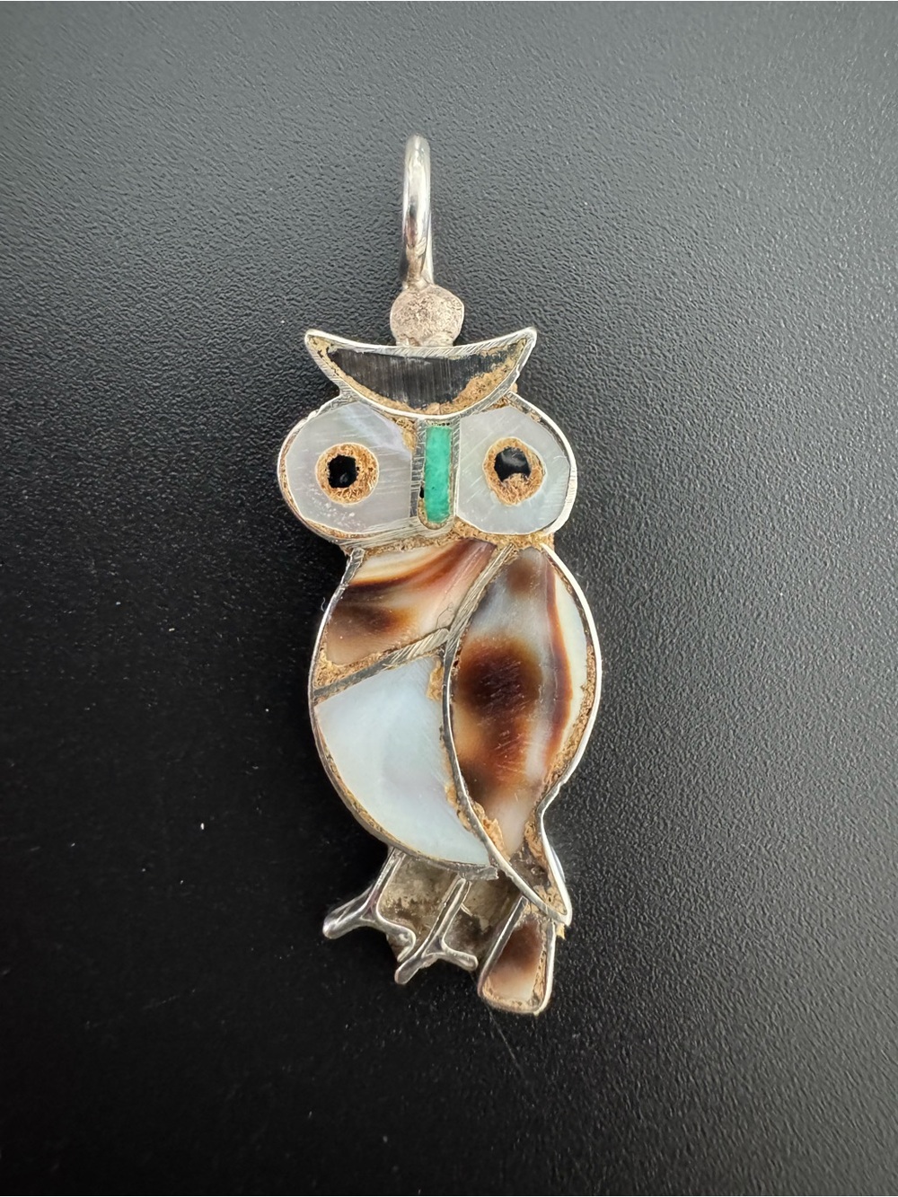 Vintage Navajo Zuni Native American Silver Owl Mother of Pearl Pendant Necklace